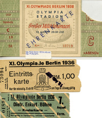 Drei Eintrittskarten der Olympischen Spielen Berlin 1936 fr Veranstaltungen. 1x Groes Militrkonzert Ehrenkarte. 1x Tageskarte. 1x Dietr. Eckart-Bhne Konterkarte.