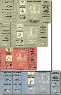 5 Eintrittskarten Olympische Spiele London 1948. 1x Wasserball ca. 23x9cm, 3x Leichtathletik je ca. 18,6x9cm, 1x Boxen ca. 14,5x9cm.<br>-- Schtzpreis: 50,00  --