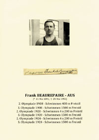 (1891-1956) Originalsignatur von Frank Beaurepaire, verstorbener 8maliger Silber- und Bronzegewinner Olympia 1908-24 im Schwimmen fr Australien, auf Karteikarte (10,5x1,3 cm), montiert mit 2 Fotoecken auf Sammlerblatt A4 mit gedrucktem s/w-Portraitfoto (8