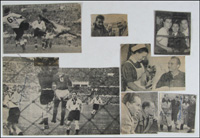 7 Zeitungsfotos vom Fuball - Lnderspiele 1955  Italien - Deutschland mit 9 original Signaturen der deutschen Nationalspieler, 18x13 cm bis 6,5x4 cm.
