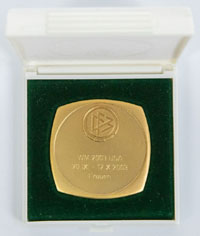 Original Turniermedaille des DFB "WM 2003 USA 20.IX.-12-X.2003 Frauen" fr die deutschen Spielerinnen. Deutschland wurde Fuball - Weltmeister 2003 beim FIFA Womens World Cup in den USA. Bronze vergoldet, 4,3x4 cm. Im original Etui.<br>-- Schtzpreis: 200