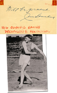 (1885-1966) Karteikarte mit original Autograph von Jim Donahue (USA) Bronzemedailliengewinners in der Leichtathletik von 1912, 14x8,5 cm.