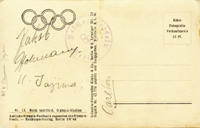 (1928-1974) Postkarte von den Olympischen Spielen 1936 mit original Signatur von Tajima Naoto (JPN). Goldmedaille im Dreisprung und Bronze im Weitsprung bei den Olympischen Spielen 1936. Auerdem zwei original Signaturen von zwei deutschen Fuball - Nation