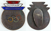 IXe Olympiade Amsterdam 1928: Concurrent. Bronze, farbig emailliert. 3,7x3,1 cm. Wunderbares Knopfloch-Abzeichen!.<br>-- Schtzpreis: 280,00  --