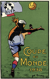 Vierfarbige lithographische Postkarte Coupe du Monde 1938. Entwurf: Joe Bridge, 14x9 cm.<br>-- Schtzpreis: 90,00  --