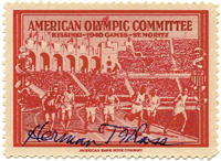 (1879-1961) Originalsignatur auf Werbevignette "American Olympic Committee  Helsinki-1940-St.Moritz" von Herman Glass (USA). Gewann Goldmedaille bei Olympischen Spielen 1904 im Turnen (Ringe). 4,5x3,3 cm.<br>-- Schtzpreis: 150,00  --