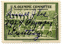 (1900-1990) Original Signatur von Vis Russell (USA) auf Werbevignette "American Olympic Committee  Helsinki-1940-St.Moritz". Goldmedaille bei den Olympischen Spielen 1924 im Ringen, 4,5x3,2 cm.