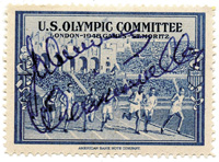 (1904-1984) Original Signatur von Johnny Weissmuller (USA) auf Werbevignette American Olympic Committee  Helsinki-1940-St.Moritz". Olympiasieger 1924 + 1928 im Schwimmen. 4,5x3,2 cm.