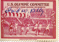 (1891-1974). Original Signatur von Fred Kelly (USA) auf Werbevignette "American Olympic Committee  Helsinki-1940-St.Moritz" (3x4,5cm). Verstorbener Olympiasieger von 1912 ber 110m Hrden, 4,5x3,2 cm.<br>-- Schtzpreis: 100,00  --