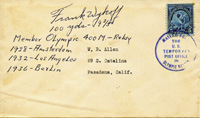 (1909-1980) Originalsignatur auf Birefumschlag von Frank Wykoff (USA). 3facher Goldmedaillengewinner in der 4x100 m Staffel der USA bei den Olympischen Spielen 1928, 1932 und 1936, 15,5x9 cm.