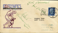 Brief von den Olympischen Spielen Los Angeles 1932 mit original Signaturen von 4 deutschen Medaillengewinnern bei den Olympischen Spielen 1932: Hans Eller (1912-1943; Goldmedaille Rudern); Jakob Brendel (1907-1964; Gold 1932; Silber 1936 Ringen); Ellen Bra