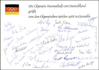 DIN A4-Grukarte Die Olympia-Mannschaft von Deutschland grt von den Olympischen Spielen 1968 in Grenoble  Mit ca. 35 Original-Unterschriften. 29,5x21 cm.