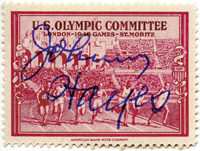 (1886-1965) Werbevignette Olympische Spiele 1940 mit Originalsignatur von Johnny Hayes (USA). Leichtathletik-Olympiasieger 1908 im Marathonlauf. Sehr selten! 4,5x3,3 cm.