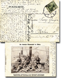 (1889-1950) S/W-Postkarte "Die deutsche Mannschaft in Athen" geschrieben und signiert von Oskar Schiele (GER). Silbermedaillengewinner bei den Olympischen Spielen 1906 in Athen im Schwimmen mit Deutschland in der 4x250 m Staffel. Postkarte gelaufen, gestem