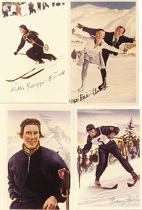 Vier Farbreprofotos mit deutschen Medaillengewinner bei den Olympischen Winterspiele 1936. Franz Pfnrr, Kthe Grasegger, Christl Cranz, Maxi Baier, je 14,5x9,5 cm.