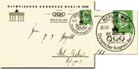 Offizielle Postkarte des Olympischen Kongresses Berlin 25.-30. Mai 1930. Mit Sonderstempel!, 15x10,5 cm.<br>-- Schtzpreis: 200,00  --