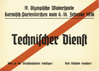 IV.Olympische Winterspiele Garmisch-Partenkrichen 1936. "Technischer Dienst". Bitte an der Windschutzscheibe befestigen. Karton, 21x15,5 cm.