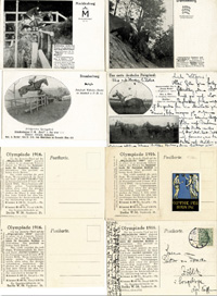 Vier verschiedene offizielle Spendenpostkarten "Olympia 1916" der deutschen Reiterlichen Vereinigung fr die Reitwettbewerbe der Olympischen Spiele Berlin 1916, je 14,5x10,5 cm.