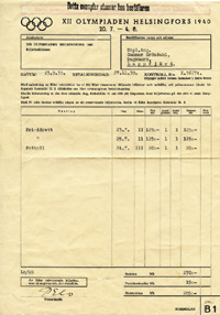 Offizielle Rechnung des Organisationskomittees der Olympischen Spiele Helsinki 1940 ber eine Ticketbestellung. Datiert 23.9.1939. 30x21 cm.