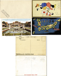 3 Postkarten und ein Briefumschlag zu den Olympischen Spielen Tokyo 1940, 14x9 cm.