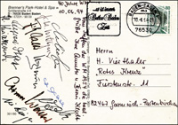 Original Postkarte geschrieben 1994 von der Frau von Berni Klodt vom 40jhrigen Treffen der Spieler der Fuball-Weltmeisterschaft 1954 mit 10 original Signaturen, 15x10,5 cm.<br>-- Schtzpreis: 90,00  --