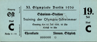 Offizielle Eintrittskarte "XI. Olympiade Berlin 1936. Schwimm-Stadion. Training der Olympia-Schwimmer. 19.7.1936. Ehrenkarte" mit der Punzierung "Ungltig", Karton, 16,5 x7,3 cm.