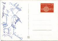 Postkarte von einem Spiel der Alt-Nationalmannschaft in Zrich ca. 1960 mit 11 original Signaturen von Kupfer, Kitzinger, Jahn, Turek, Conen, Eppenhof, Rohde, F.Walter, Gellesch, Streitle, J.Gauchel, 14,5x10,5 cm.<br>-- Schtzpreis: 100,00  --
