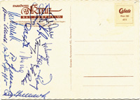 Postkarte von einem DFB Lehrgang nahc der Fuball -Weltmeisterschaft 1954 mit 14 original Signaturen der deutschen Nationalspieler, 15x10,5cm.