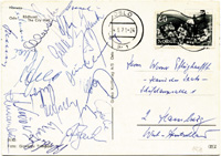 Gru-Postkarte aus Oslo vom Lnderspiel Norwegen - Deutschland am 22.6.1971 mit ca. 16 Originalsignaturen der deutschen Nationalmannschaft.<br>-- Schtzpreis: 60,00  --