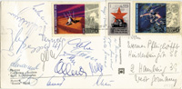 s/w-Postkarte mit 16 Originalsignaturen der deutschen Nationalspieler. Signiert anlsslich des Lnderspiels in Moskau gegen die UDSSR 1973. 19,3x9,4 cm.<br>-- Schtzpreis: 60,00  --