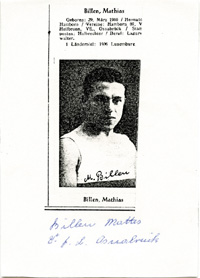 (1910-1989) S/W-Bildkopie mit Originalsignatur und dem Zusatz "Vfl Osnabrck" von Matthias Billen. 1 A-LS 1936 gegen Luxemburg. 15x10,5 cm.