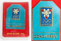 Teilnehmerabzeichen fr Athleten der Olympische Winterspiele Grenoble 1968 Concurrent. Bronze, vergoldet, trkis emailliert. 5,0x3,5 cm. In original Kunststoffbox.