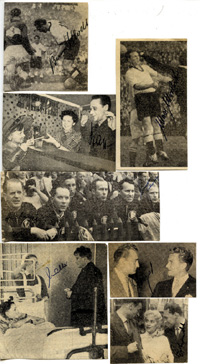 7 verschiedene S/W-Zeitungsfotos von der Fuball-Weltmeisterschaft 1954 mit 8 original Autographen der Spieler des Weltmeisters Deutschland (Posipal, Klodt, Morlock, Herberger, Liebrich, F.Walter,Pfaff, Erhardt), 11x5 bis 6,5x4 cm.