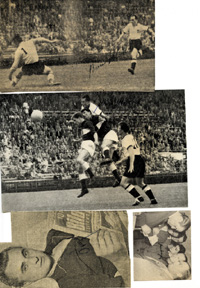 4 verschiedene S/W-Zeitungsfotos von der Fuball-Weltmeisterschaft 1954 mit 4 original Autographen der Spieler des Weltmeisters Deutschland (Posipal, Klodt, Morlock, Herberger), 19x12 bis 7x6 cm.