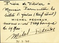 (1911-1985) Visitenkarte von Michel Pcheux (FRA) mit handschriftlicher Widmung und original Signatur von Pcheux vom 31.3.1939. Zweifacher Medaillengewinner bei den Olympischen Spiele 1936 (Bronze) und 1948 (Gold) im Fechten jeweils mit der Mannschaft von