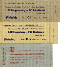 3 Eintrittskarte vom 1.FC Magdeburg: 1) UEFA-Pokal 2:Runde v FC Schalke, 19.10.1977. 2) UEFA Pokal Viertelfinal v PSV Eindhoven, 1.3.1978. 3) Freundschaftsspiel v Eintracht Braunschweig, 25-5-1977. je 18,5x7 cm.<br>-- Schtzpreis: 40,00  --