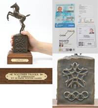 Limitierte Bronzefigur der Olympischen Winterspiele Calgary 1988 als Geschenk fr IOC - Funktionre. Wunderschne Bronzeskulptur in limitierter Auflage mit dem Titel Five Alive, berreicht an das deutsche IOC-Mitglied Dr. Walter Troeger. Die von der beka