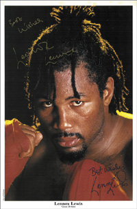 Groe Autogrammkarte mit original Signatur von Lennox Lewis (CAN). Olympiasieger im Boxen Seoul 1988 und spterer Profiweltmeister im Schwergewicht, 31x21 cm.<br>-- Schtzpreis: 50,00  --