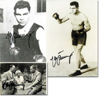 (1905-2005) Ein S/W-Foto und 2 groes S/W-Reprofoto mit Originalsignatur von der deutschen Box-Legende und Weltmeister Max Schmeling. 30x20 cm. Bis 14,5x10 cm.<br>-- Schtzpreis: 50,00  --