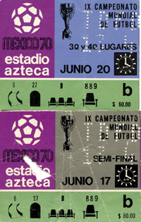 2 Eintrittskarten World Cup 1970: 1) Halbfinale: Italien - Deutschland im Estadio Azteca am 17. Juni 1970, Fuball-Weltmeisterschaft 1970. 13x10 cm. Zustand: C- (Karte eingerissen und geknickt) 2) Fuball-Weltmeisterschaft 1970 in Mexiko. Spiel um den 3.Pl