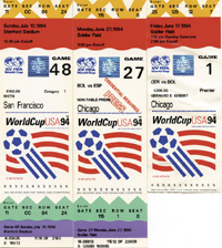 Drei Eintrittskarten von der Fuball - Weltmeisterschaft 1994. 1) Germany v Bolivien. 2) Bolivien v Spanien 3) Rumnien v Schwden. 22,5x7 bis17,5x7 cm.