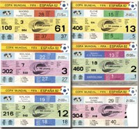 6 Eintrittskarte von Spielen der Fuball - Weltmeisterschaft 1982. Dabei: Spiel 1, 5, 18, 27, 37 und 40. Je 15x9 cm.<br>-- Schtzpreis: 130,00  --
