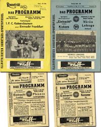 4 verschiedene Programmhefte von Heimspielen von Eintracht Frankfurt 1955 + 1956: 1) v Phnix Ludwigshafen, 5.5.1955. 2) v Hannover 96 21.5.1955. 3) v Vrs Logogo, 31.5.1956. 4) v 1.FC Kaiserslautern, 16.10.1956. "Das Programm".<br>-- Schtzpreis: 50,00 