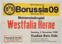 Spielankndigungplakat: Meisterschaftsspiel Oberliga West Ballspielverein Borussia 09 Dortmund v Westfalia Herne, 2.11.1958, Stadion Rote Erde. 61x43 cm.<br>-- Schtzpreis: 150,00  --