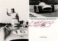 (1911-1995) S/W-Autogrammkarte mit original Autograph von Juan Manuel Fangio. Argentinische Rennfahrerlegende und 5facher Formel I-Weltmeister 1951-57. 15x10,5 cm.<br>-- Schtzpreis: 100,00  --