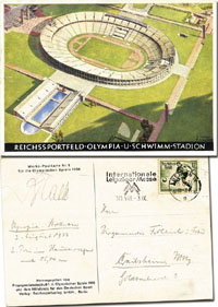 (1910-1999) Original Farbpostkarte mit Originalsignatur vom Weltrekordinhaber im Hammerwerfen 1938-1948 und Gewinner der Silbermedaille bei den Olympischen Spielen 1936 im Hammerwerfen Erwin Blask (GER). Gelaufen 3.8.1936 mit Sondermarke. Karte wurde am 3.