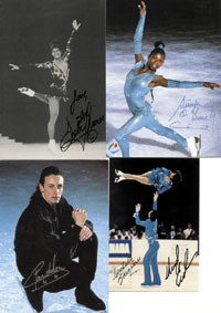 Vier original signierte Autogrammkarten von Medaillengewinner bei Olympischen Spielen 1988 - 1994: Debbie Thomas, Surya Bonaly, Brasseur/Eisler, Philippe Candeloro, je 15x10 cm.