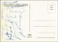 Postkarte (15x10,5cm) vom Lnderspiel CSSR - Deutschland am 1.4.58 aus Prag. mit 15 original Autographen unter anderem von Sawitzki, Erhardt, Juskowiak, Schnellinger, F.Walter, Herberger, Sturm, Retter, Schmidt, Tilkowski, Stollenwerk, Klodt, Cierslarsky u