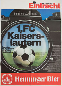 Spielankndigungsplakat Bundesliga "Eintracht Frankfurt - 1.FC Kaiserslautern. 19.April 1980, 15:30 Uhr, im Frankfurter Waldstadion". 84x60 cm.