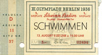 13. August. XI. Olympiade Berlin 1936: Eintrittskarte  Schwimmen, Schwimm-Stadion. Zugang: Olympisches Tor. Stehplatz 5.- RM. 10x7cm.